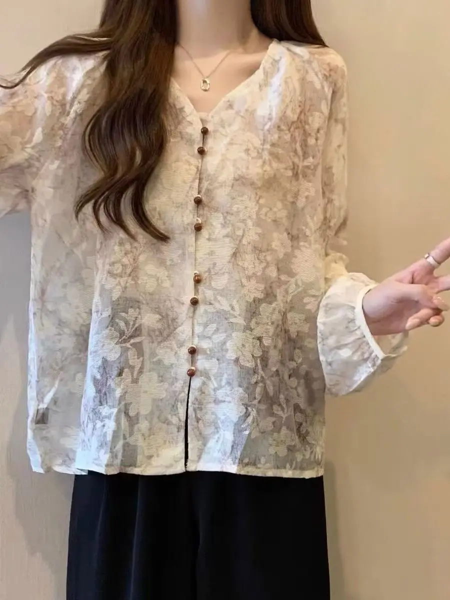 

plus Size 300 Pou Korean Sle V-Ne Thin Floral irt Women's Versatile Design Trendy Semi-Transparent Top Autumn