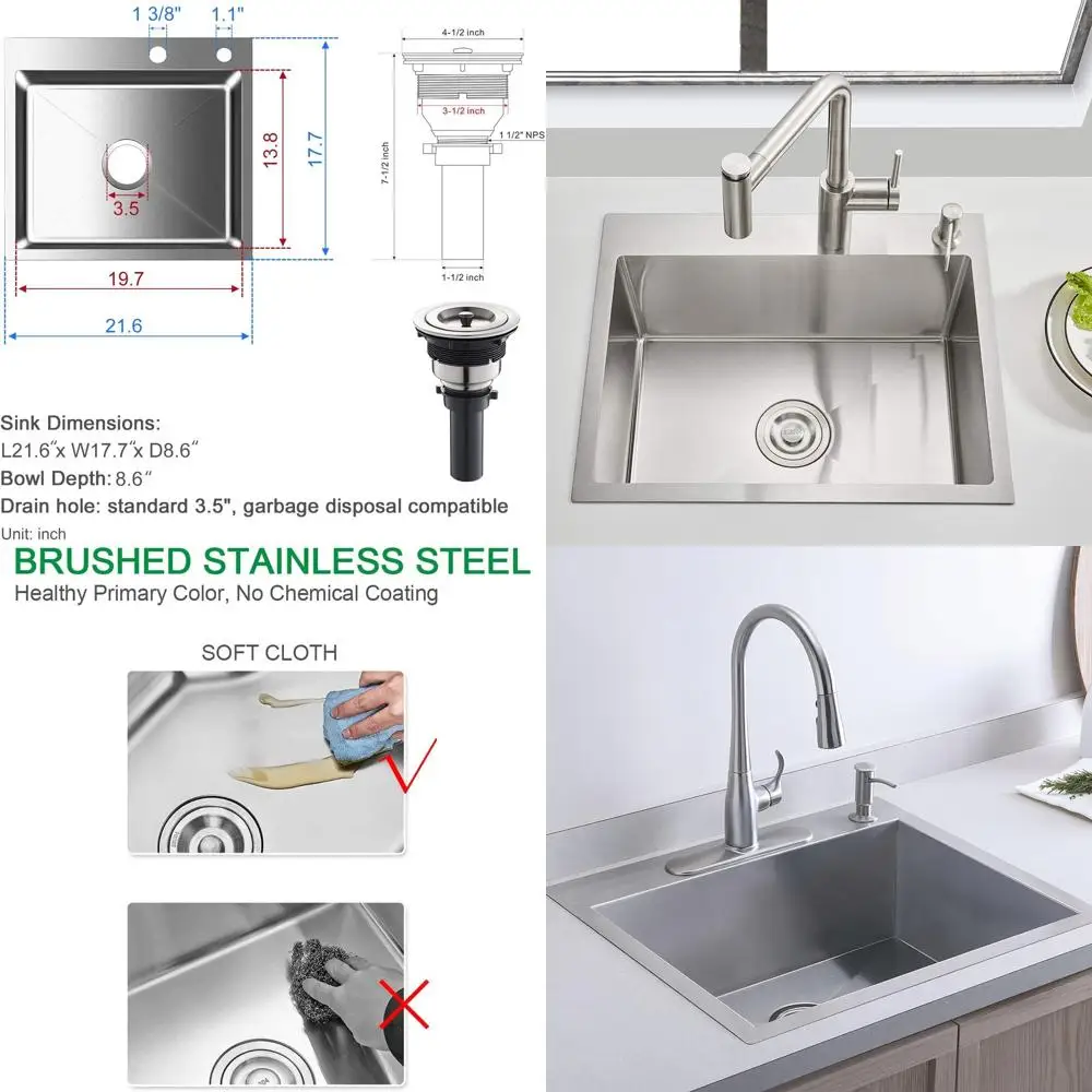 

Встраиваемая кухонная мойка, нержавеющая сталь ручной работы 304, одна чаша, глубина 8,6, радиус R10, верхнее крепление со сливом сетчатого фильтра, матовая Fi