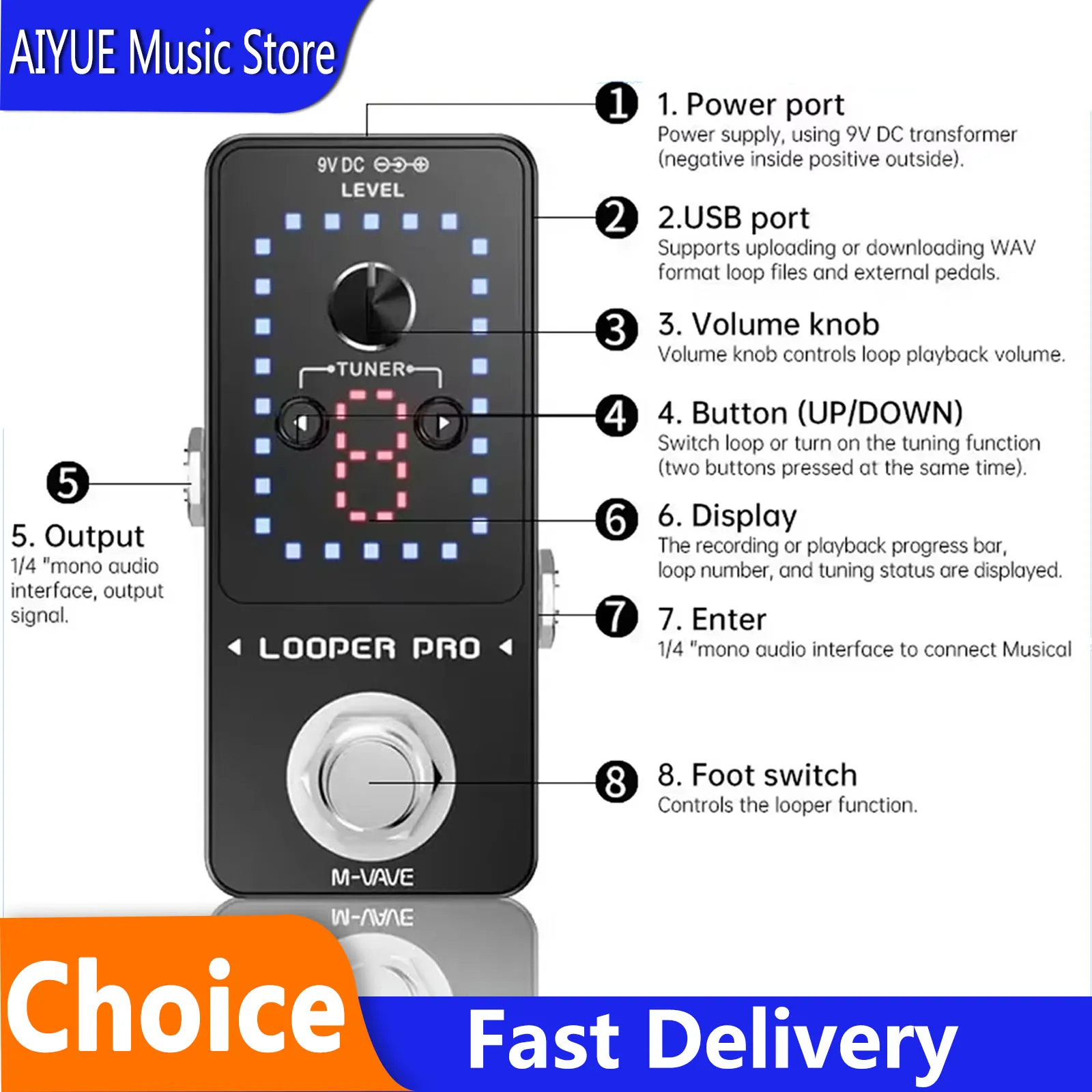 

M-VAVE Looper Pro Guitar Effect Pedal New Style 9 Loops 40 Minutes Recording Time Loop Station Tuner Electric Guitar Accessory