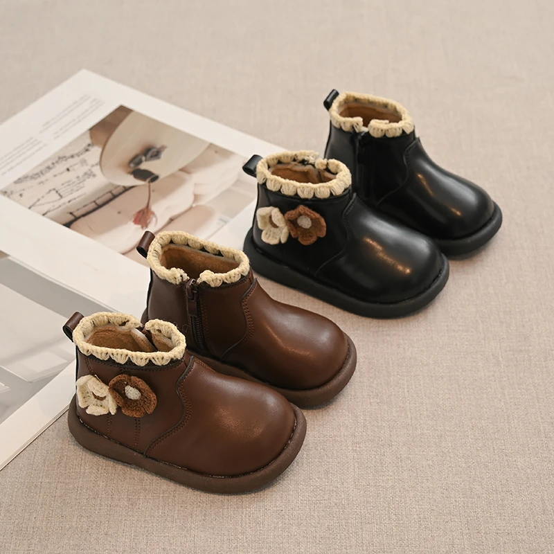 

Autumn Winter Baby Girls Snow Boots Children Floral Princess Shoes Windproof Waterproof Non-slip Soft Sole Warm Plush Kids Boots