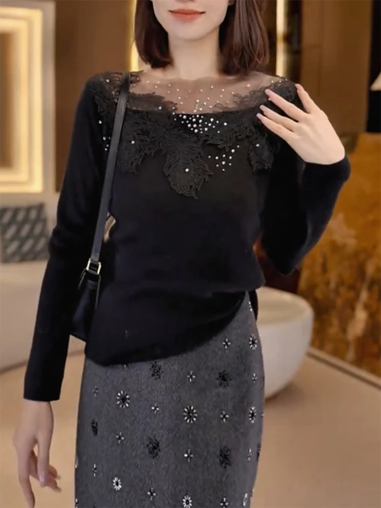 

Женский вязаный свитер с кружевными вставками, больших размеров, осенне-зимний, новый, модный, стройнящий, универсальный топ, с эффектом высокого класса