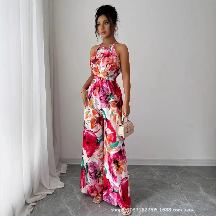 

2026 Summer Women's Clothing Floral Print Sleeveless Jumpsuit Vacation Outfit Birthday Dress Lace Midi Beach Luxury