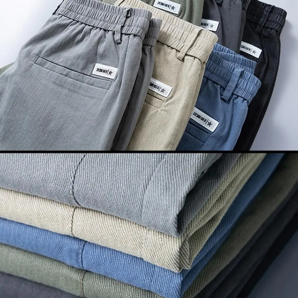 Men Pants Drawstring Elastic Waist Pockets Straight Slim Slightly Strechy Ankle Length Mid Waist Long Trousers