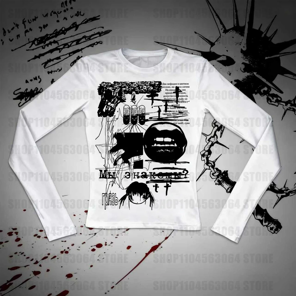 

Shoujo Girl Style Graphic Tees Y2k Kitty Crop Top Женская одежда Футболки с длинными рукавами и графикой Emo Gothic Kawaii Kpop Goth