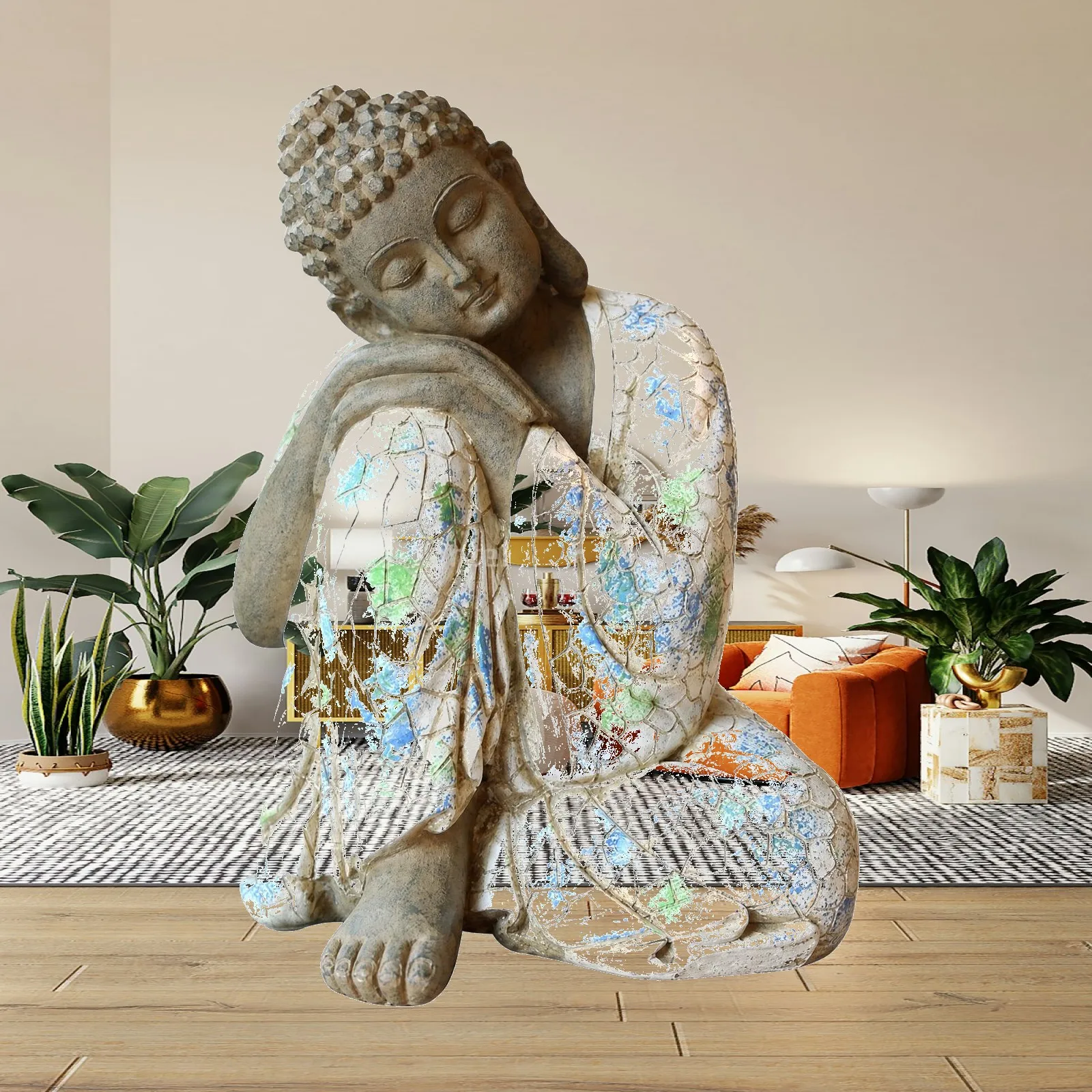 Resting-Head Buddha Figurine Indoor Outdoor Crackle-Pattern Buddha Ornament Intricate Detail for Miniature Landscape, Home