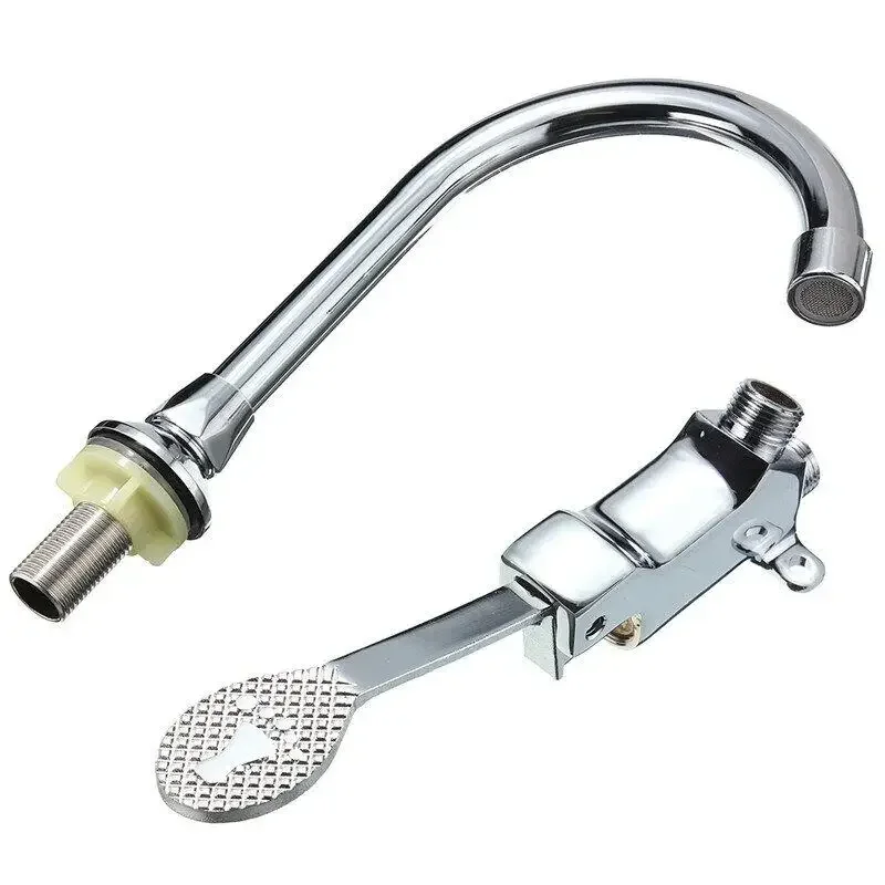 For Bathroom Hospital Hotel Foot Pedal Valve Faucet Copper Vertical Basin + 1M Flexible Hose and Foot Plate Single Cold Faucet