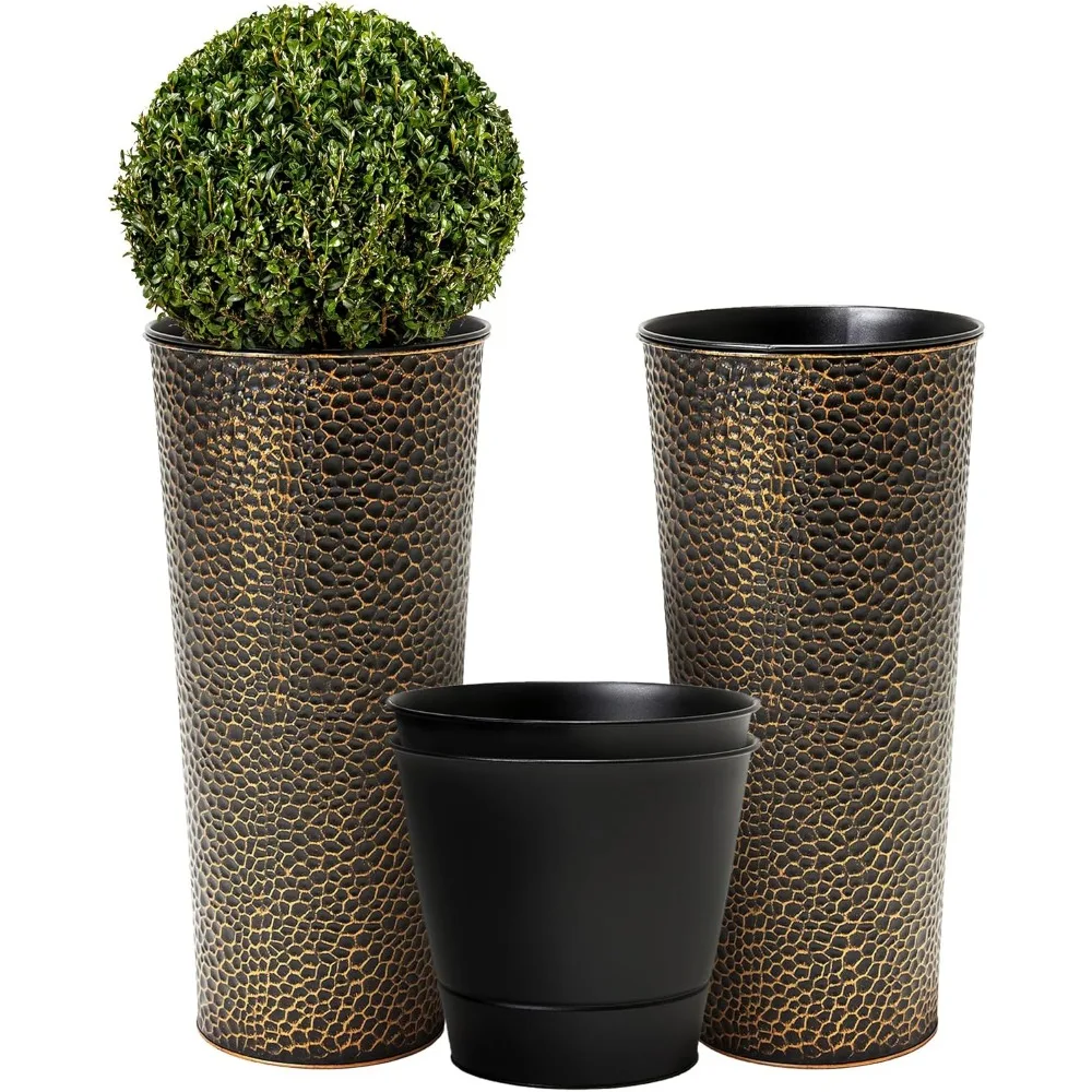

Worth Garden 2-Pack 25 H. Metal Planter with 2X Inside Pots - Hand-Hammered Texture Tall Cone Plant Pots - Large Handcrafted Bla