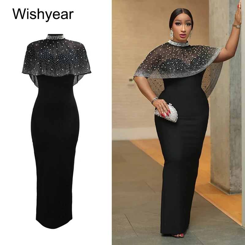 

New Women's Sexy Mesh Patchwork Rhinestones Cloak Top And Bodycon Dress 2-Piece Set for Evening Party Cocktail Christmas Outfits