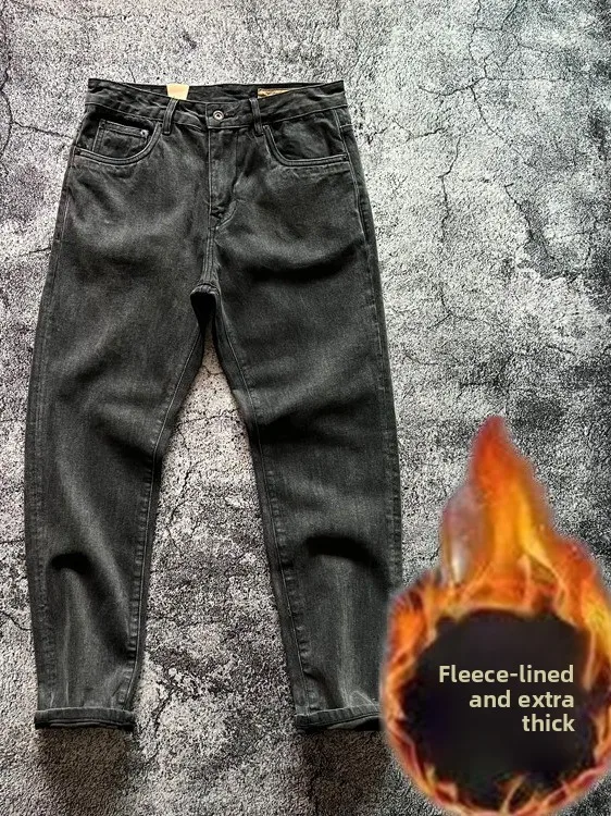 

Waed Bla Jeans Men's Thiened Fce Lined Loose Straight Leg Winter Warm Wear Resistant Jeans Classic Straight Fit Jeans