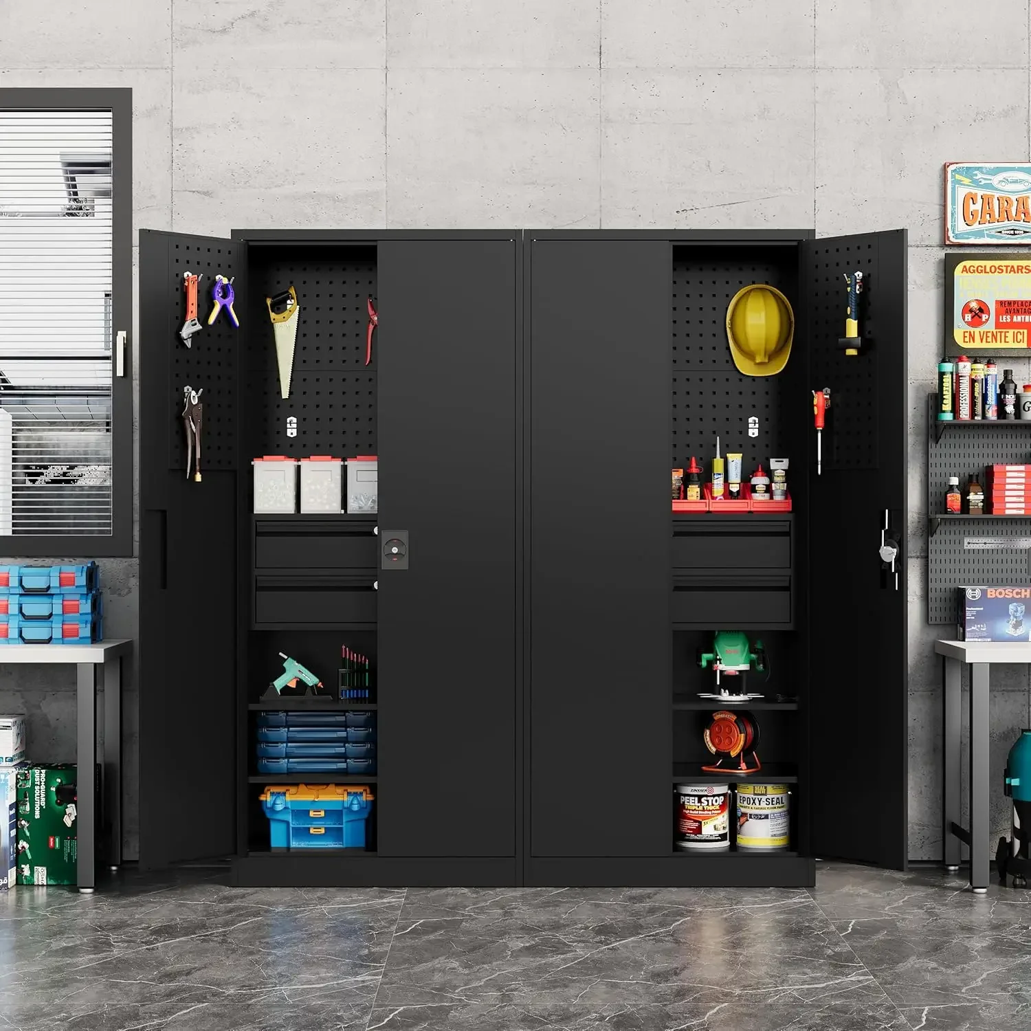 Metal Locker Multipurpose Garage Storage Cabinet with 2 Drawers and Lockable Doors, Pegboard and Accessories - Black