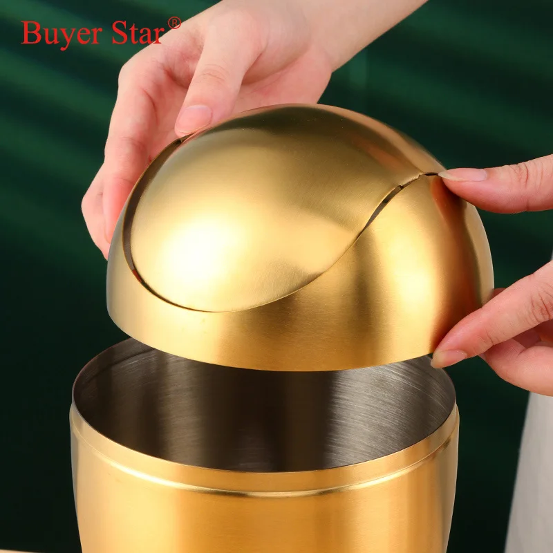 Gold Mini Metal Waste Bin Desktop Garbage Basket Egg-shaped stainless steel trash can with removable Swing lid Dustbin Basket