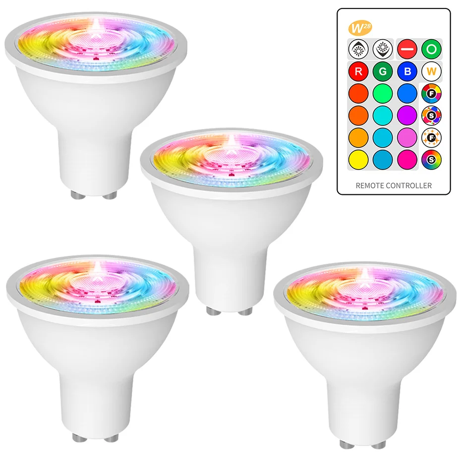 4Pcs GU10 RGBW Spotlight LED Bulbs 8W GU 10 RGB White/Warm White Led Lamp GU10 with 16Colors IR Remote Control Home Room Decor