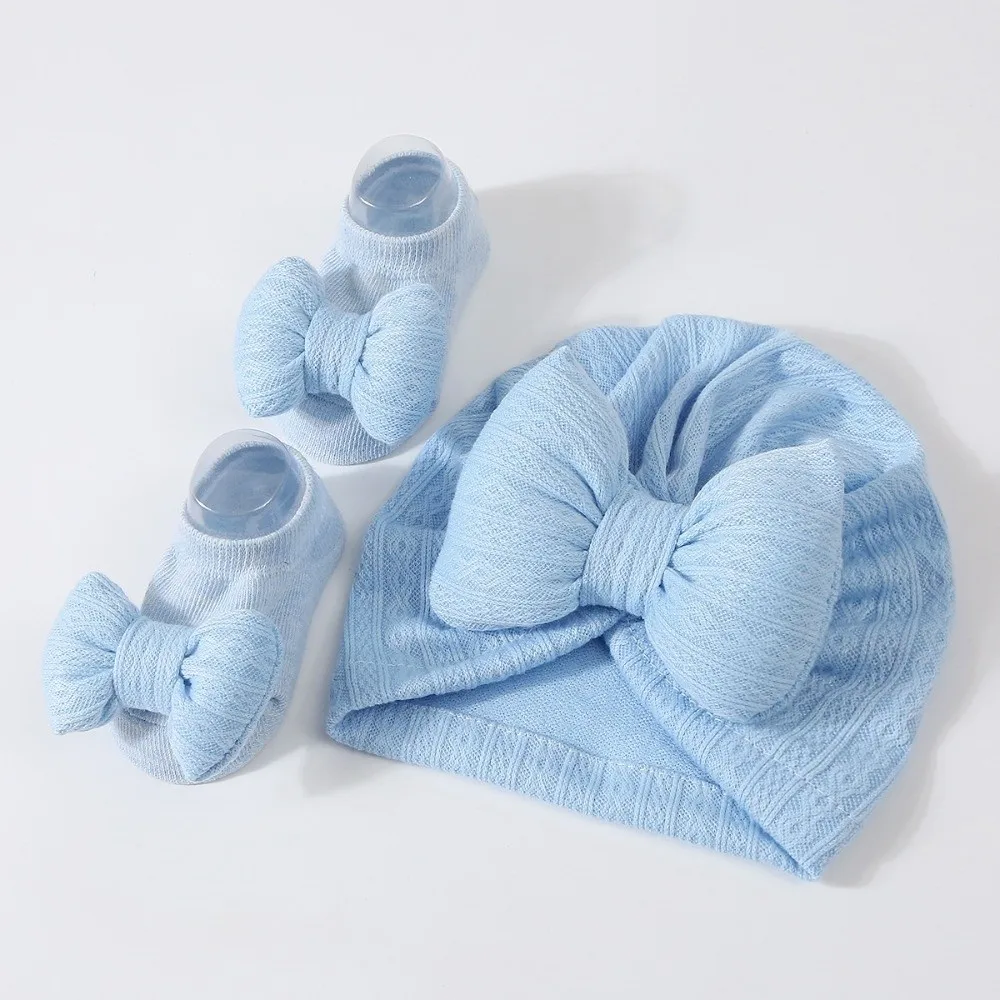 

Cotton Knit Baby Hat Socks Set Big Bowknot 0-12 Months Baby Bow Fetal Cap Warm Windproof Newborn Turban Hat Home/Outdoor