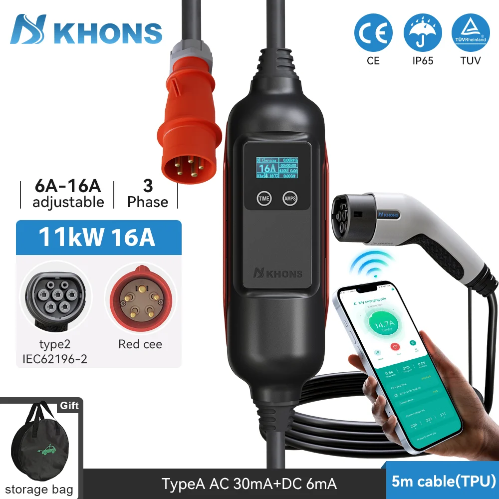 Khons Portable EV Charger 11KW Type2 EV Wallbox 16A Wi-Fi APP Bluetooth Version EVSE Charging Cable TPU 5m For Electric Car