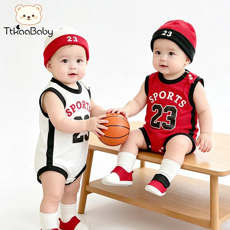 Nein. 23 Rot-weißes, farblich abgesetztes, ärmelloses 3-teiliges Activewear-Set aus Baumwolle für Baby-Jungen – ein lustiges und verspieltes Geschenkset für Fotoshootings – Detail 1