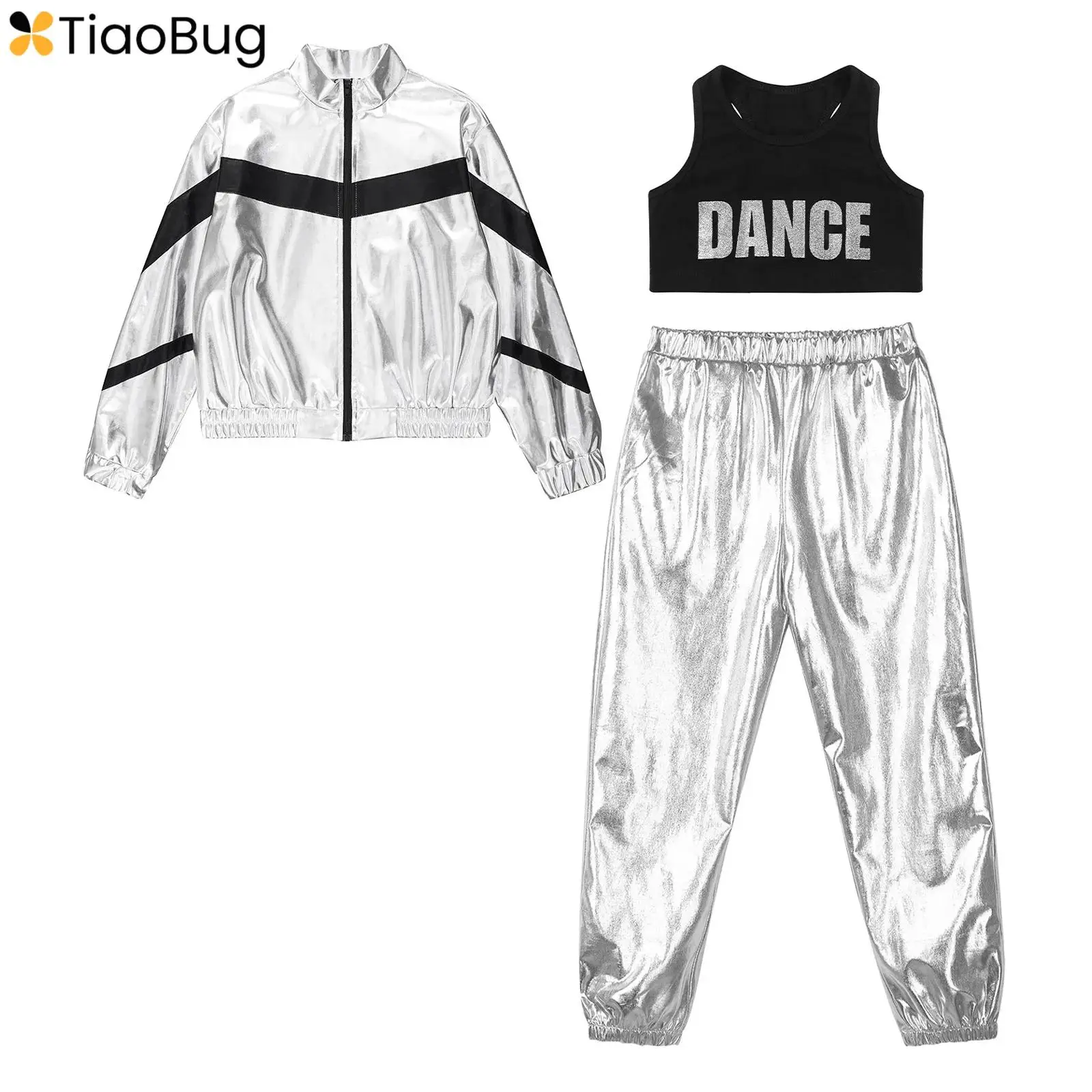 

3Pcs/Set Kids Girls Hip-hop Dance Outfit Streetwear Sleeveless Racer Back Tank Crop Top+Long Sleeve Contrast Color Jacket+Pants