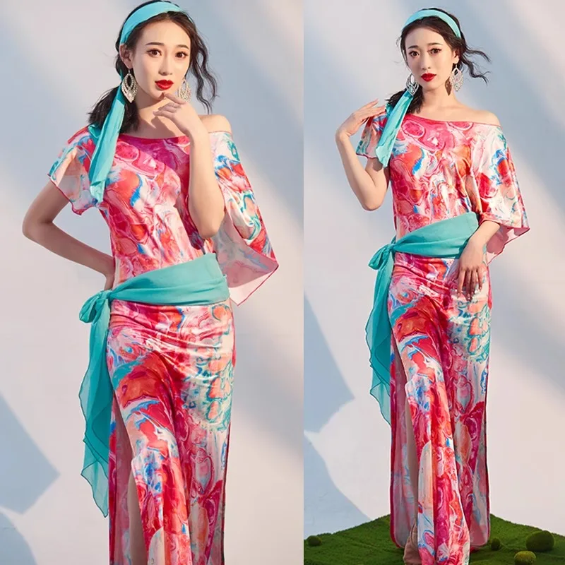 

Customized Printed Belly Dance Costumes Robe Folk Shaabi Practice Clothes Baladi Eastern Dance Performance Wear Team Dress