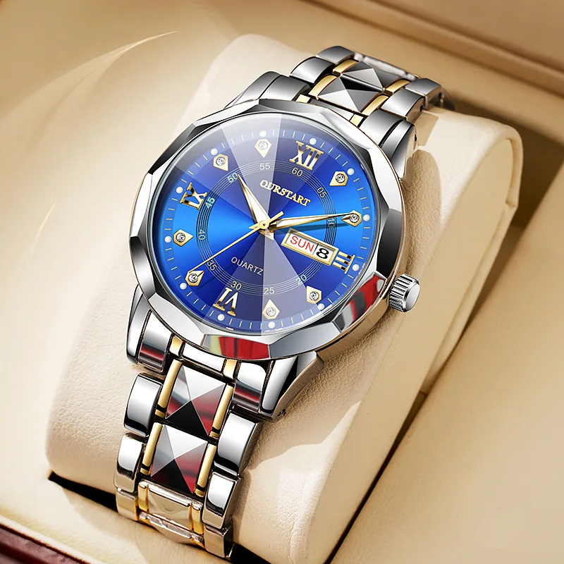 TOP Brand Men's Watch Business Simple Night Light Waterproof Double Calendar Rivet Steel Strip Male Fashion Quartz Clock Watches