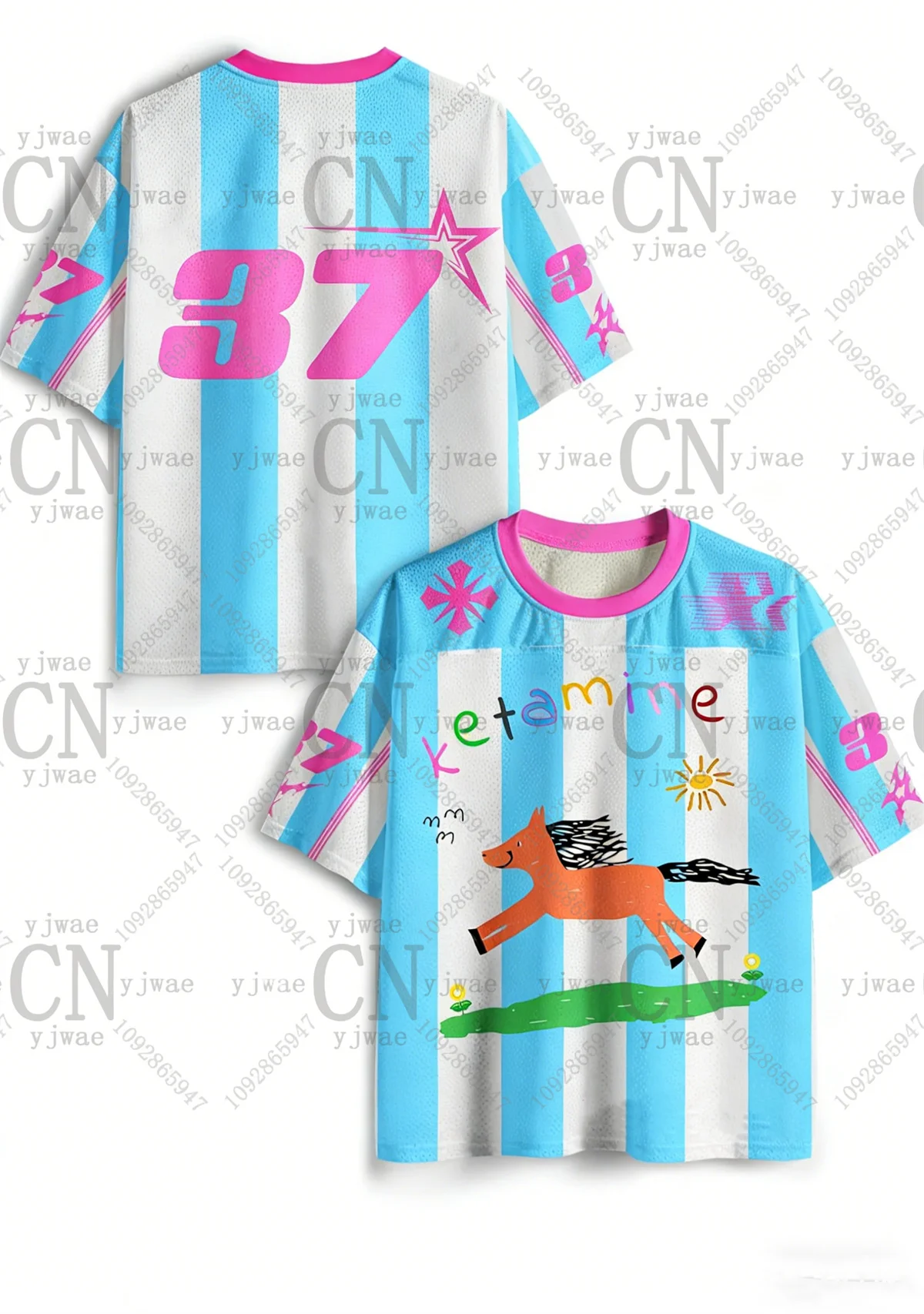 Chemises de sport Y2k Blue Pony, t-shirts à rayures contrastées, t-shirts tendance pour garçons et filles, streetwear mignon Y2k, t-shirt d'été pour adultes