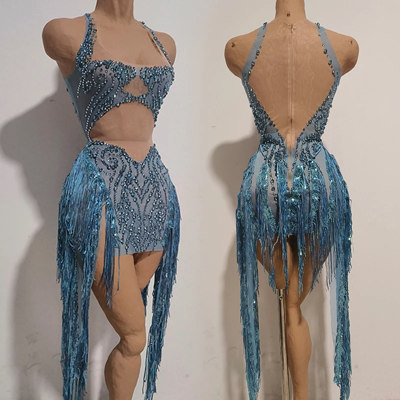 

Glitter Women Show Stage Wear Sexy Blue Fringe Bodycon Dress Model Singer Performance Clothes Nightclub Party Costume VDL5396