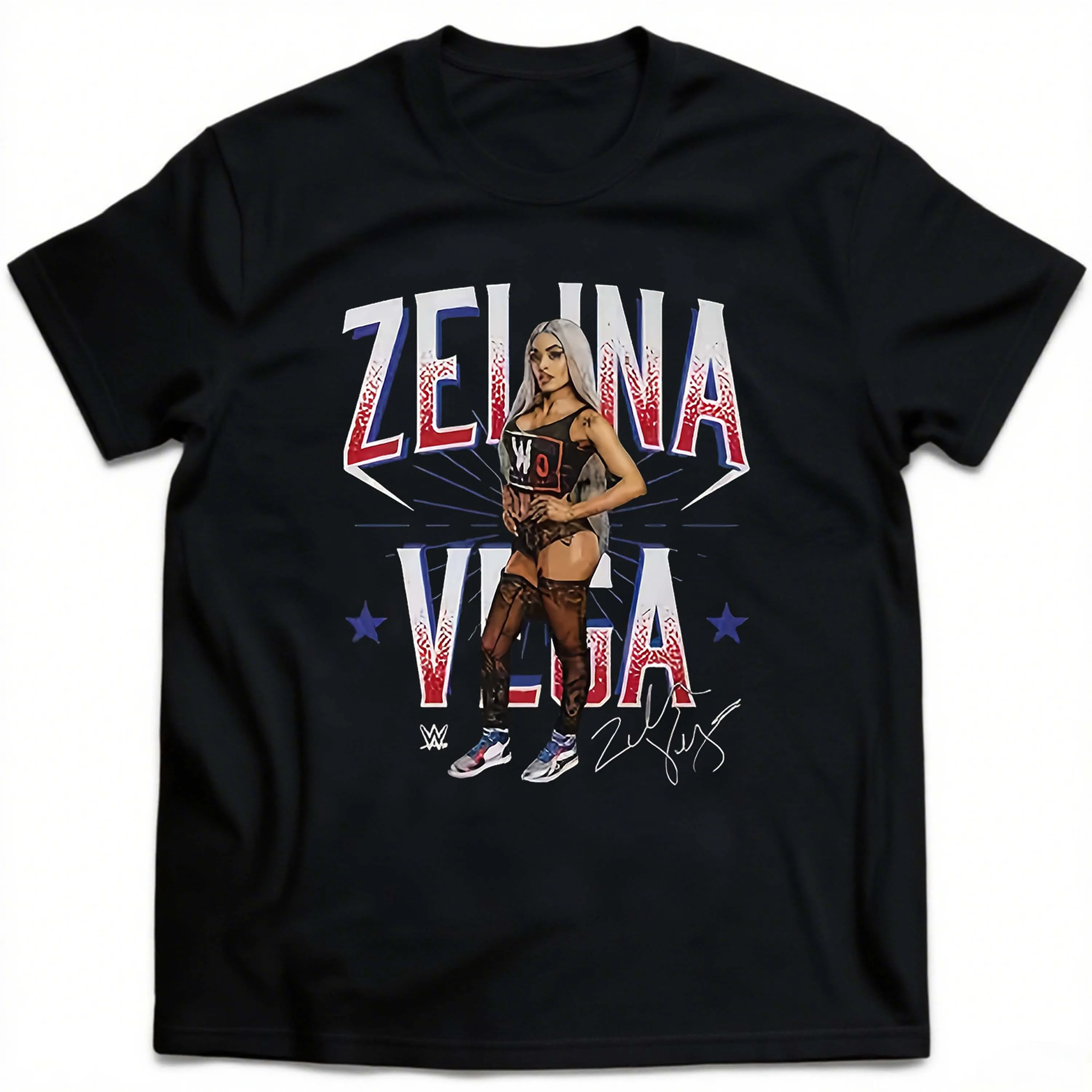 Czarna koszulka męska z krótkim rękawem w dużych rozmiarach z grafiką Zeliny Vega, odpowiednia do noszenia na świeżym powietrzu w lecie.