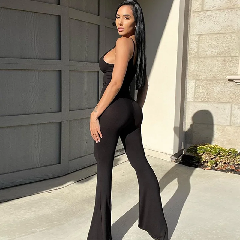 Summer sports leisure women's spicy girl street fashion low neck slim fit solid color suspen bell bottom pants jumpsuit pants