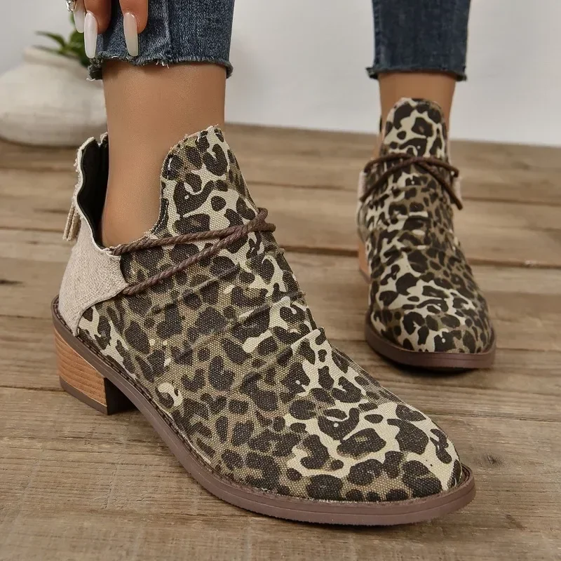 Western Boots for Women 2023 Autumn Retro Leopard Print Women's Boots Comfortable Low Heel Large Size Ladies Shoes Botines Mujer