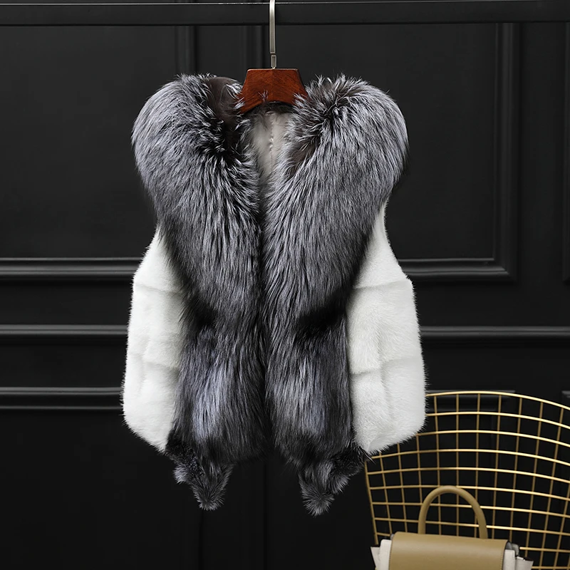 

Tcyeek Cross Mink Fur Vest Women Clothes Short Style Winter Jacket Female Whole Mink Women's Real Fur Coat Warm Fox Fur Collar