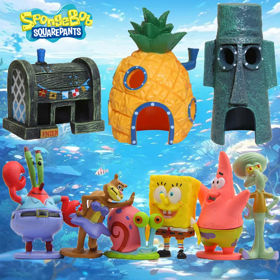 Spongebobs figuras de acción de Anime, Mini muñecas de dibujos animados, decoración de pecera, paisajismo, accesorios de Acuario