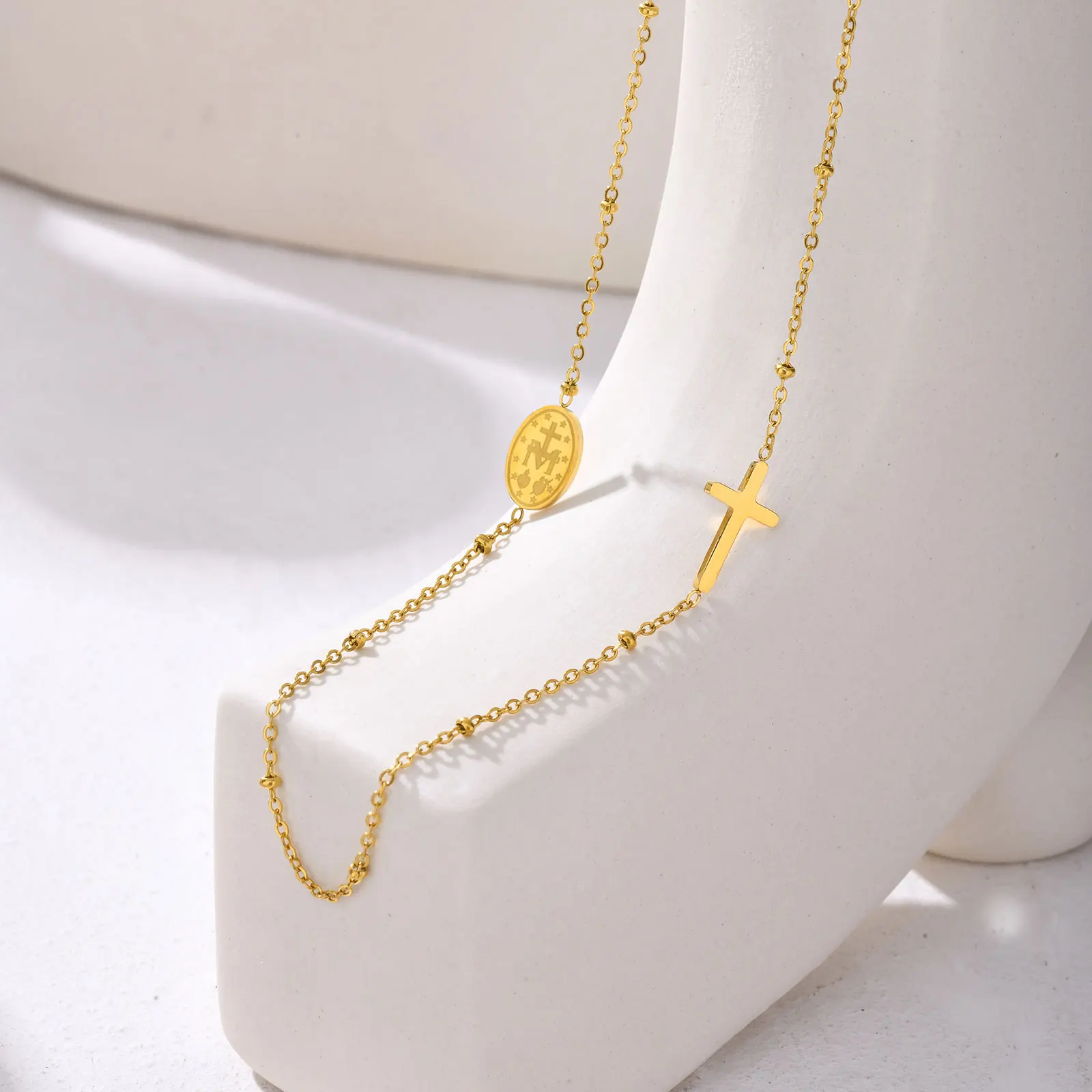 Christian Catholic Cross Necklace for Women,Stainless Steel Saint Benedict Rolo Chain Oval Our Lady Necklace, Religious Jewelry