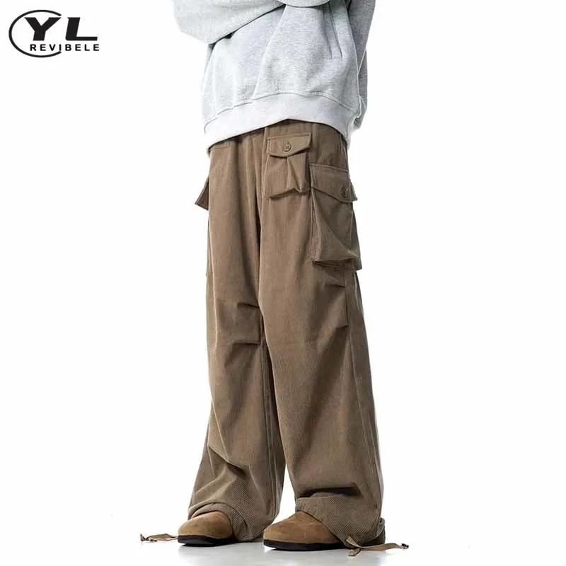 

Vintage Corduroy Cargo Pant Men Woman Multi Pocket Fold Loose Drawstring Wide Leg Pants Street Hip Hop Straight Trousers Unisex