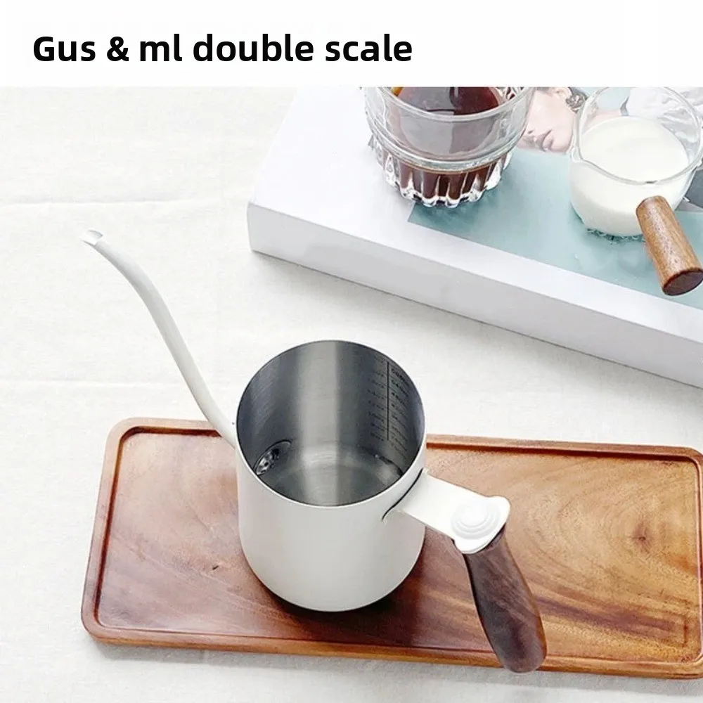 600ML Pour Over Coffee Kettle Wood Handle Stainless Steel Goose Neck Coffee Pot Anti-scald with Scale Drip Filter Coffee Maker