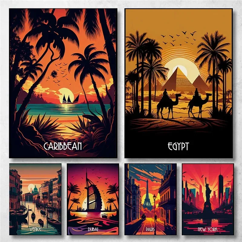 Vintage City Caribbean Egypt Venice Rome Dubai Landscape Poster Print Canvas Painting Wall Art Picture Living Room Home Decor