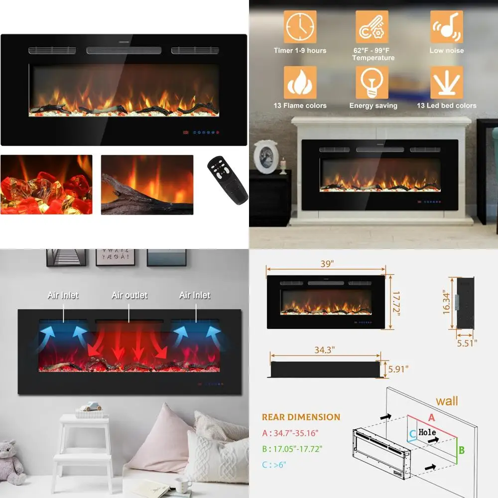39인치 전기 리니어 벽난로 인서트, 매립형 및 벽걸이형 히터, 온도 조절기, 리모컨 및 터치 컨트롤 포함