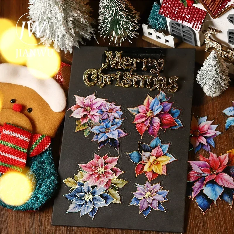 JIANWU Christmas Flowering Period Series Vintage Flower Material Collage Laser Gold PET Sticker Creative DIY Journal Stationery