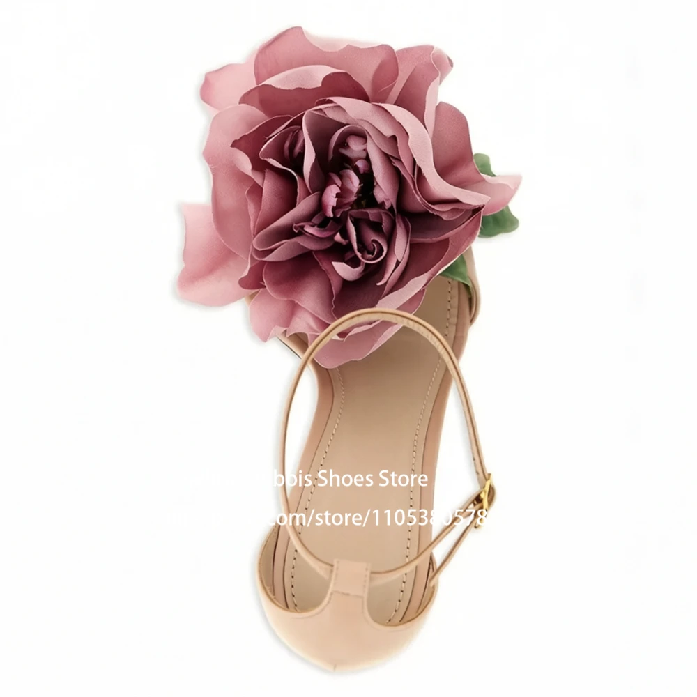 Nude 3D Flower Applique Stiletto Heel Sandals Open Toe Ankle Strap Buckle Thin High Heel Sandals Elegant Summer Wedding Shoes view 6