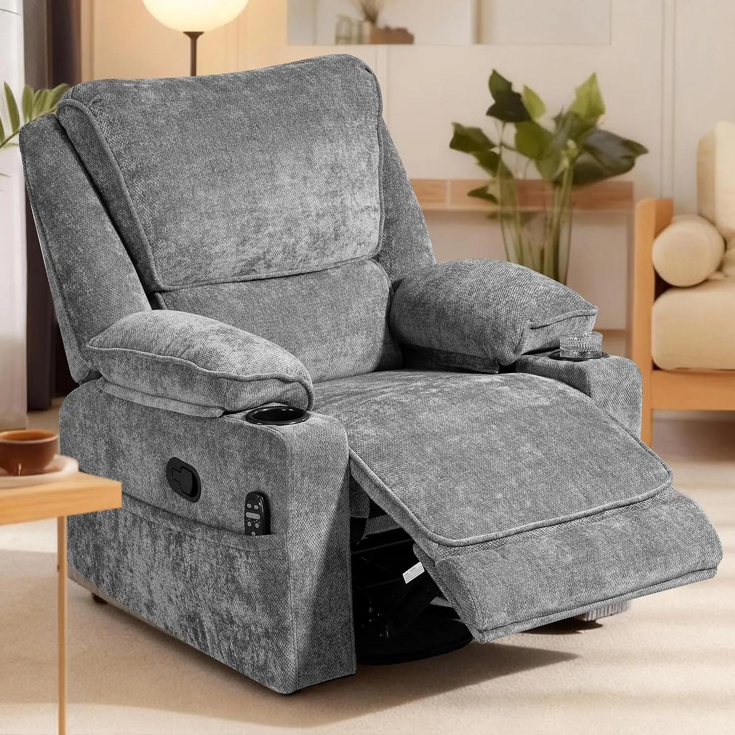 360° Swivel Rocker Recliner with Heat Massage & Cup Holders, Manual Chenille Gray for Living Room & Bedroom, Customized