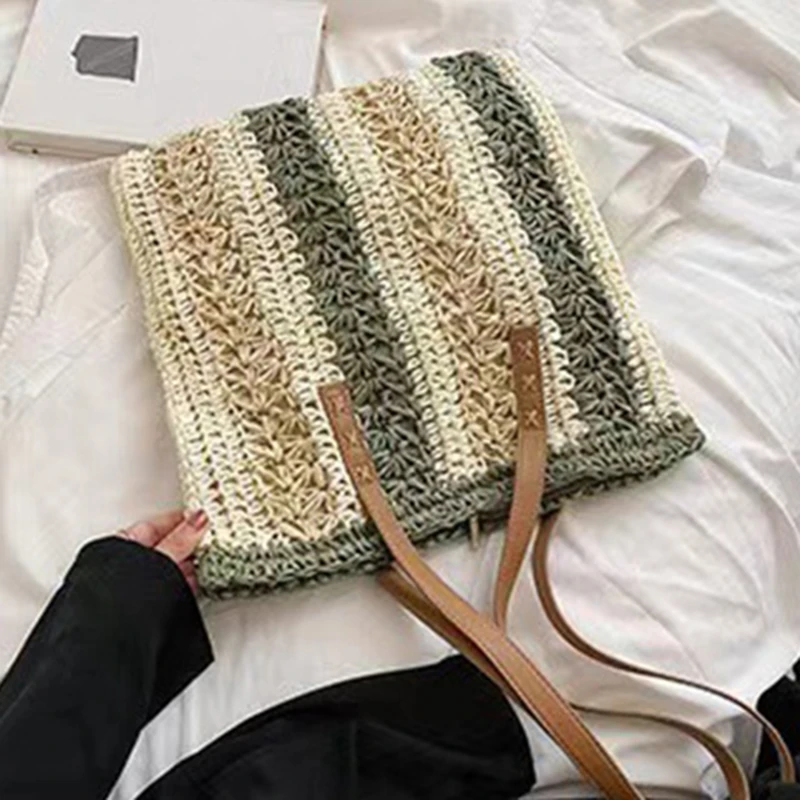 Square Hollow Straw Beach Bag Handmade Woven Shoulder Bag Raffia Rattan Shopping Travel Bag Bohemian Summer Vacation Casual Tote