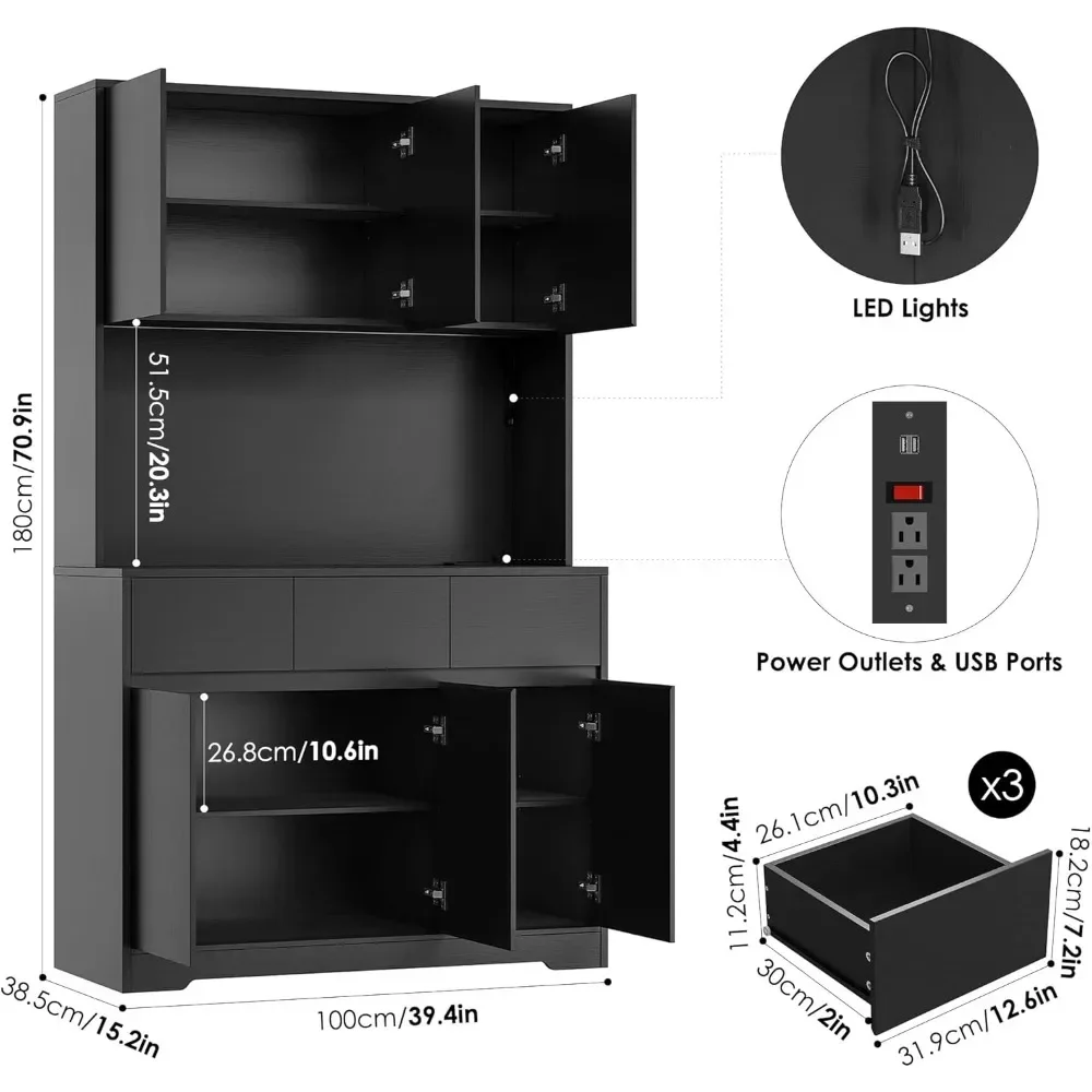 71'' Tall Kitchen Pantry Storage Cabinet with Power Outlets and Led Lights, Large Kitchen Hutch Buffet Cabinet