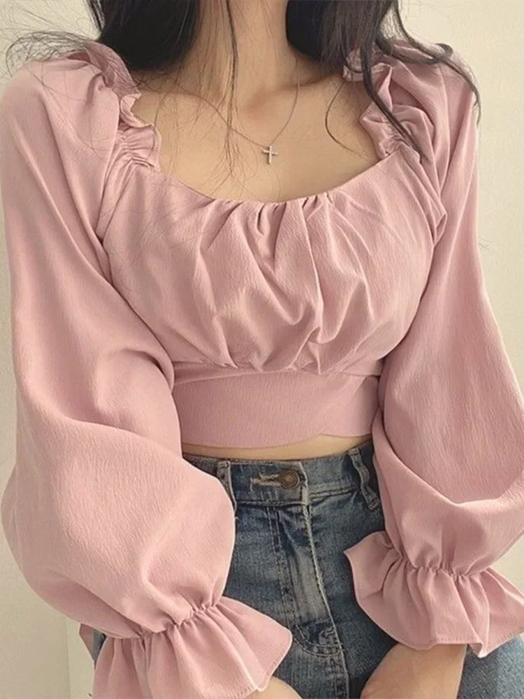 Elegant French Style Blouse Women Spring Puff Sleeve Square Collar Crop Top Korean Fashion Preppy Style Sweet Bow Bandage Shirts