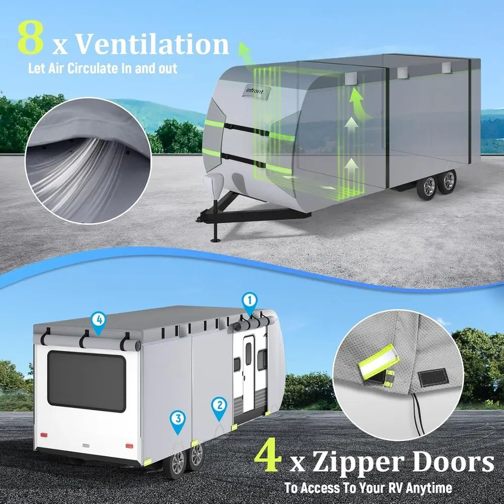 Travel Trailer Cover fits for 24' - 27' RV, with Upgrade Waterproof Zipper Flap & Zipper Storage Bag, Superior Windproof & Sun-P