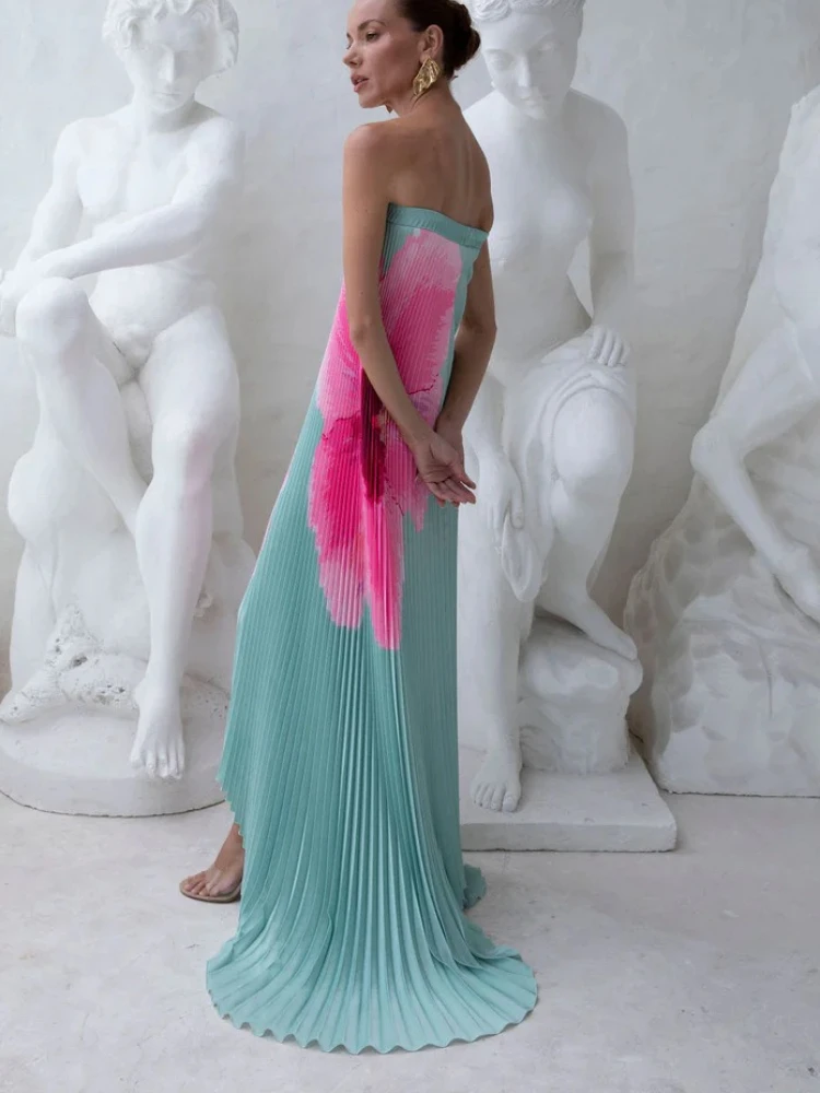 Moda damska lato 2025, elegancka i seksowna sukienka maxi w stylu boho z zakładkami, luźna, z dużym zamachem, z nadrukiem.