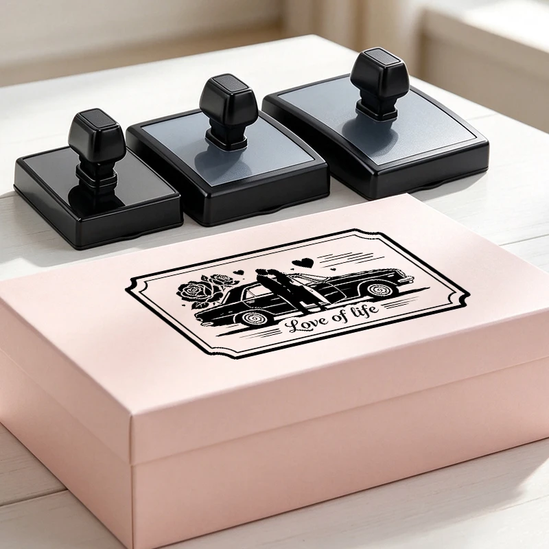 Maßgefertigter großer selbstfärbender Gummistempel mit Federmechanismus, Geschäftslogo-Stempel, klarer Abdruck für Taschen, Kartons und Warenmarkierung. – Detail 5