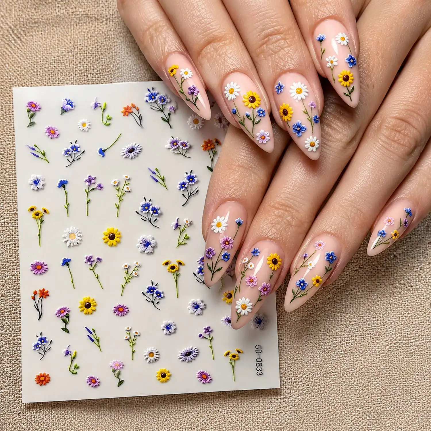 1Pc 3D Embossed Wildflower Nail Sticker Colorful Mixed Floral Nail Decal Elegant Fresh Forest Theme Nail Slider