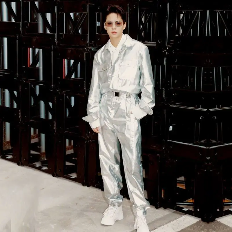 

Silver Metal Hip Hop costume Set Rap Cool Stage Street Dance Black Gold Performance Dress Jumpsuits Nightclub performance dress