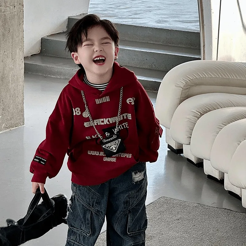 

Новинка 2023 года, пуловер с капюшоном и принтом в корейском стиле для мальчиков, осенне-зимний теплый топ с длинными рукавами для малышей