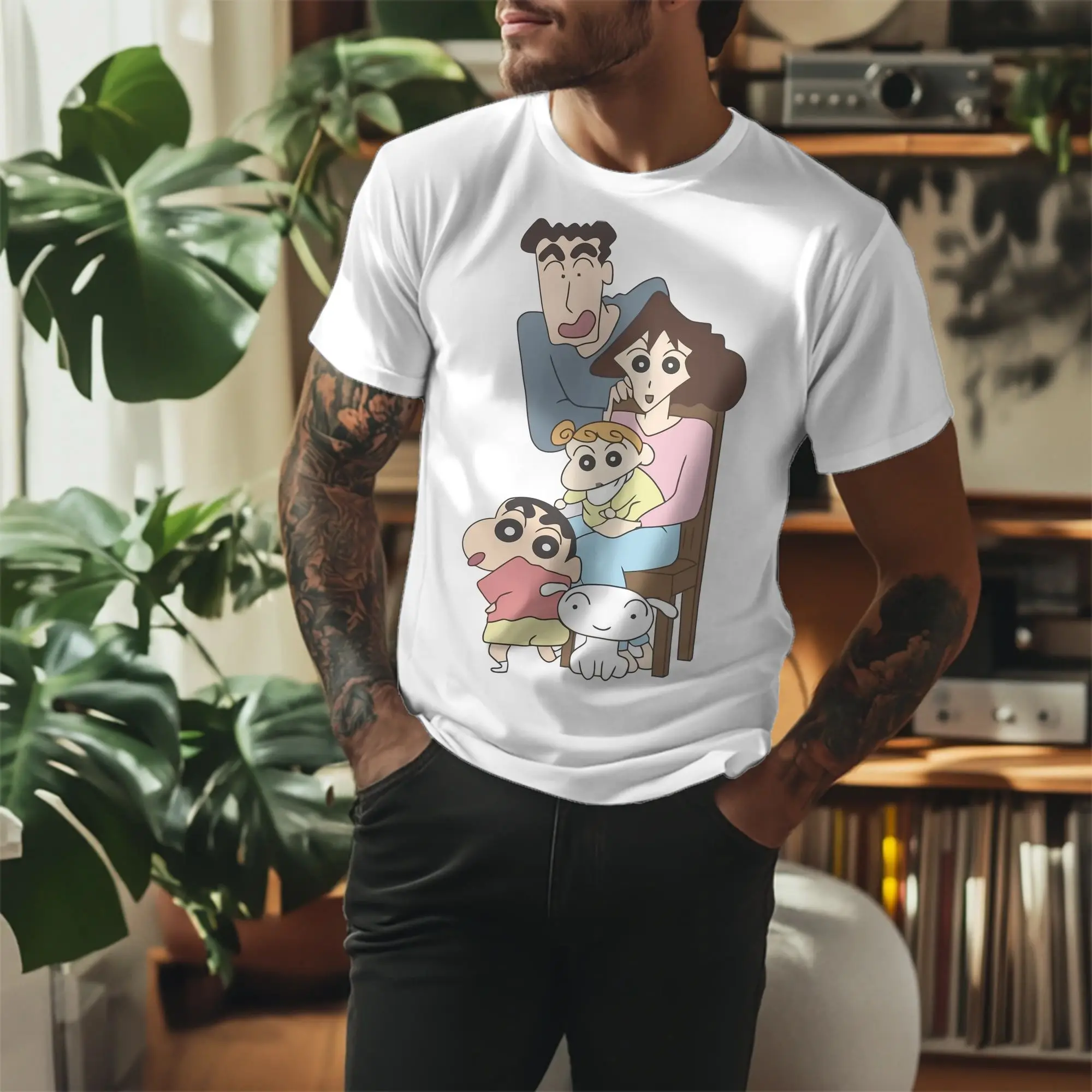 Anime Happy Family T-Shirts for Men Women Crayon Shin-chan Crazy 100% Cotton Tees Crewneck Short Sleeve T Shirt New Arrival Tops