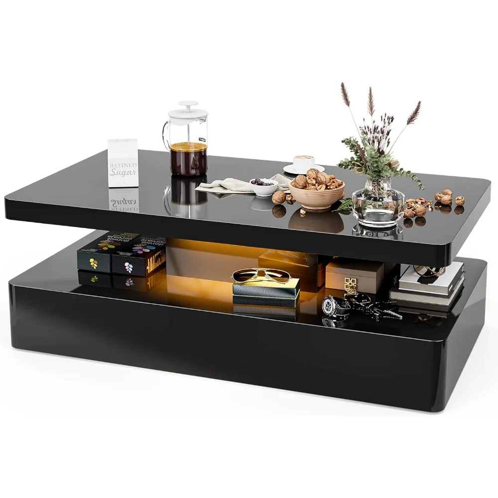 Mesa de centro moderna, sala de estar negra para mesa de centro, mesa de centro de diseño rectangular contemporáneo con luces LED de 16 colores