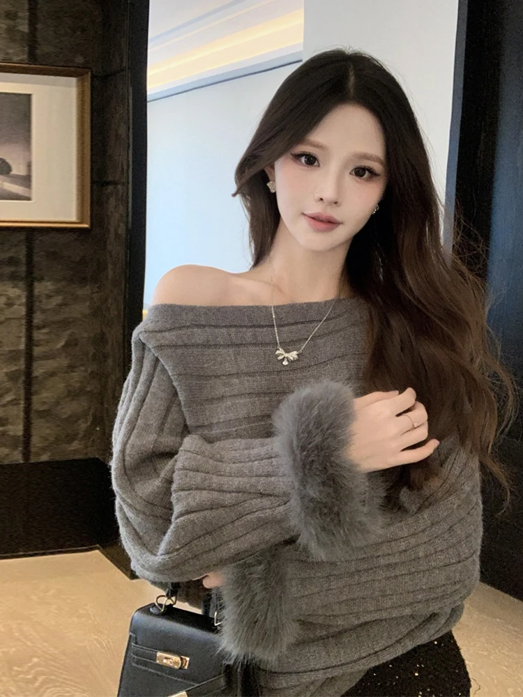 Lazy Long Sve Knitted Sweater Women's Loose Fit Sweet Sle oulder Slanting Furry Lap Opening Casual Daily Wear Top