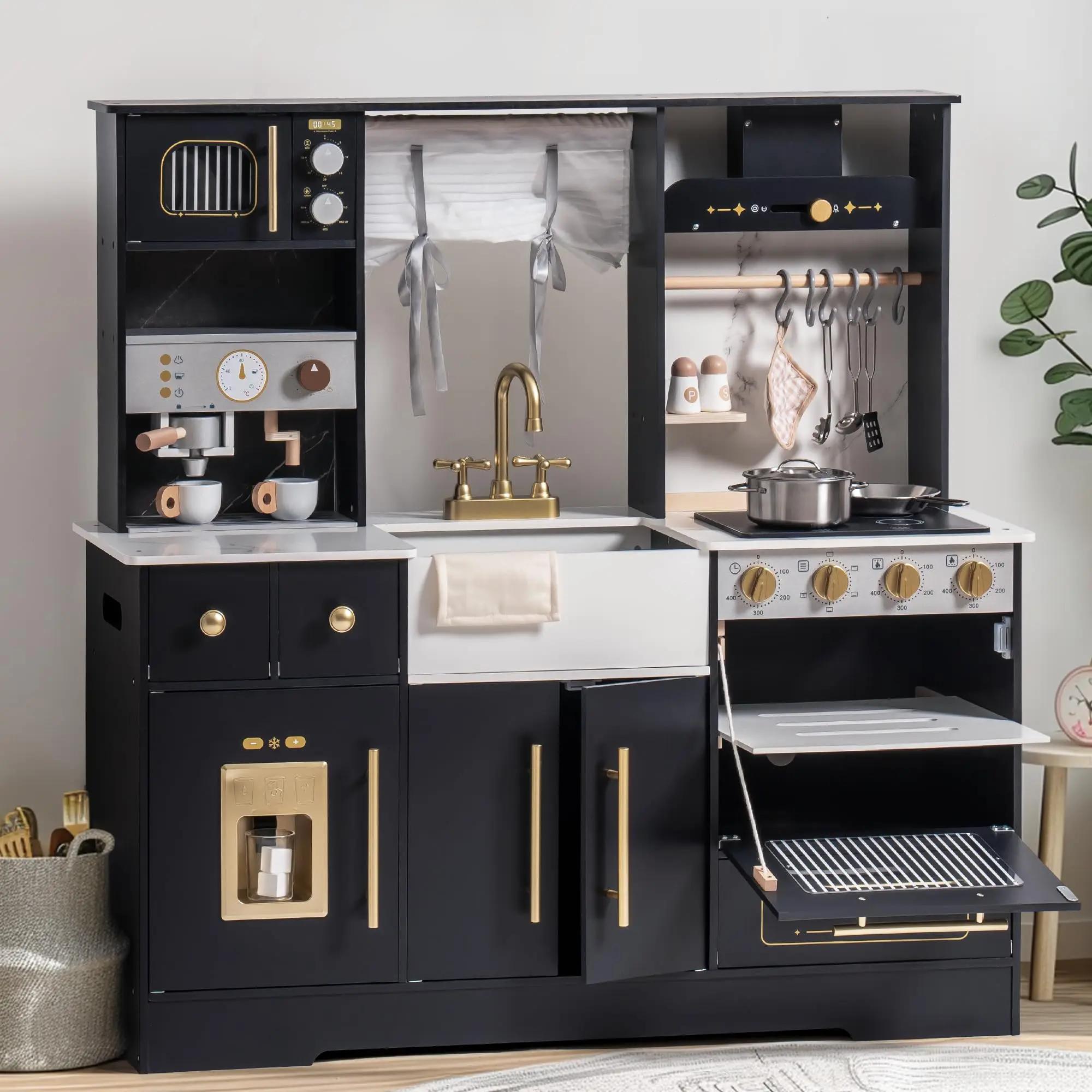 Robud Modern Wooden Play Kitchen Durable Construction with Realistic Accessories Unique Role Play Birthday Gift for Toddlers 3+